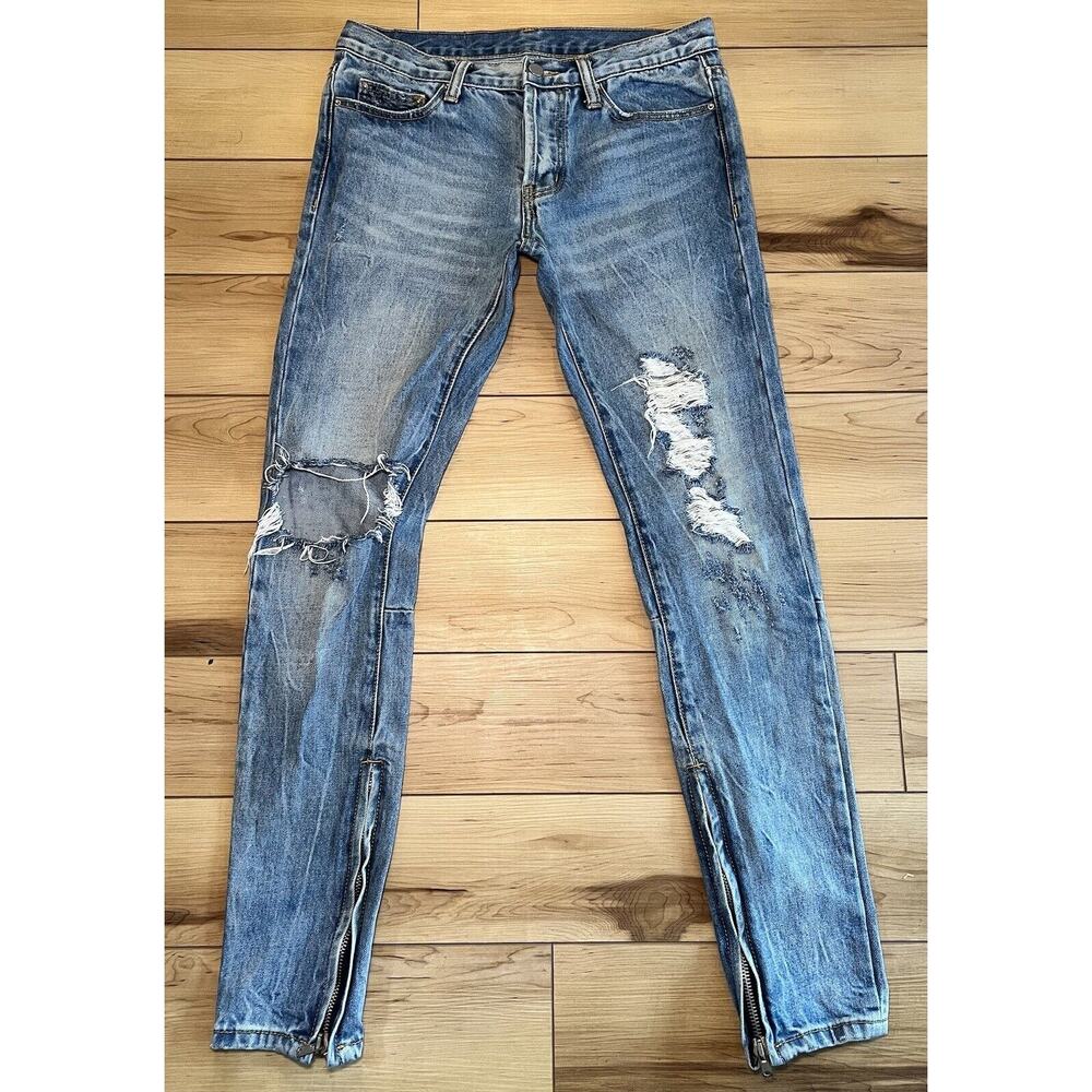 Mnml Denim Jeans Distressed Button Fly Tapered Legs Ankle Zip Mens Size 29x31